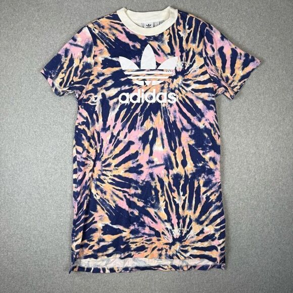 Adidas Womens Large Tie Dye Active Shirt Dress Pink Blue Short Sleeve Athletic - Picture 1 of 8